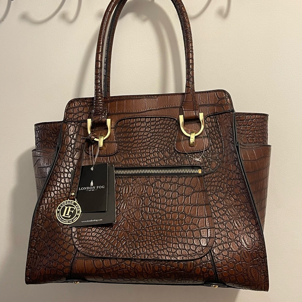 London Fog Brown Crocodile-Embossed Women's Bag. Brown purse. Big purse